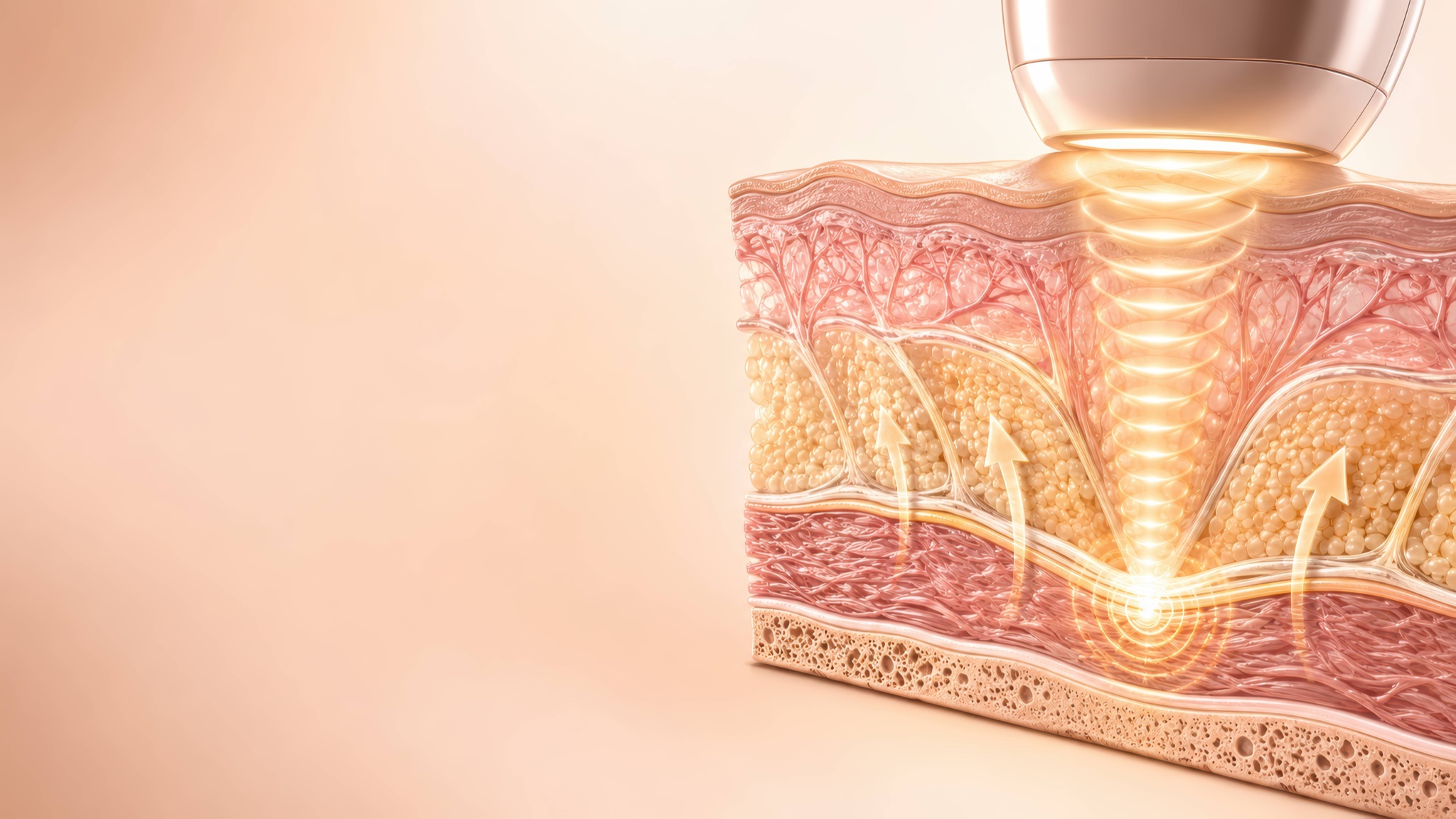 Illustration of a device directing energy through a cross-section of skin and underlying tissue